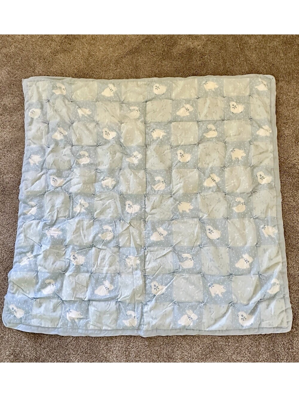 Vintage Baby Quilt Top Blanket Animals 34x41” Blue White Nursery New Mom Gift